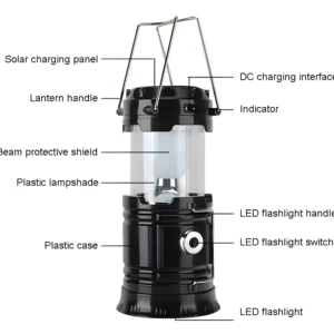 Lámpara Linterna Solar SH-5800T: panel solar, asa, bombilla LED y cargador.