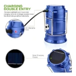 Linterna solar Sh-5800T azul, carga dual AC y paneles solares, ideal para camping.