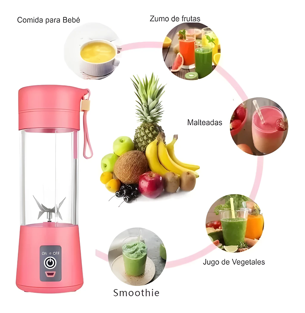 Licuadora portátil recargable en rosa, ideal para smoothies, jugos y comida de bebé.