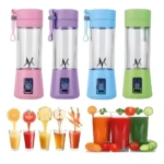 Licuadora personal portable recargable de colores: rosa, morado, azul y verde, con frutas y jugos.
