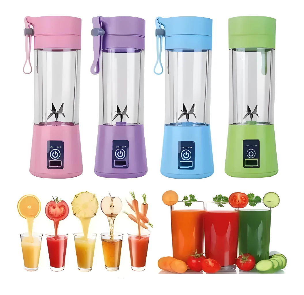 Licuadora personal portable recargable de colores: rosa, morado, azul y verde, con frutas y jugos.