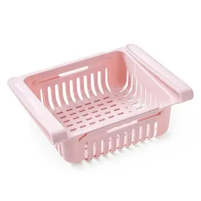 Organizador ajustable para nevera rosado, con rejillas y extensión lateral, ideal para refrigerador.