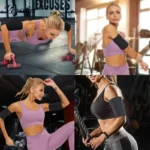 Moldeador de brazos para quemar grasa: mujer en gimnasio haciendo ejercicio con pesas.