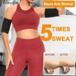Moldeador de brazos Sauna Sweat, realza figura y reduce medidas, con antes y después.