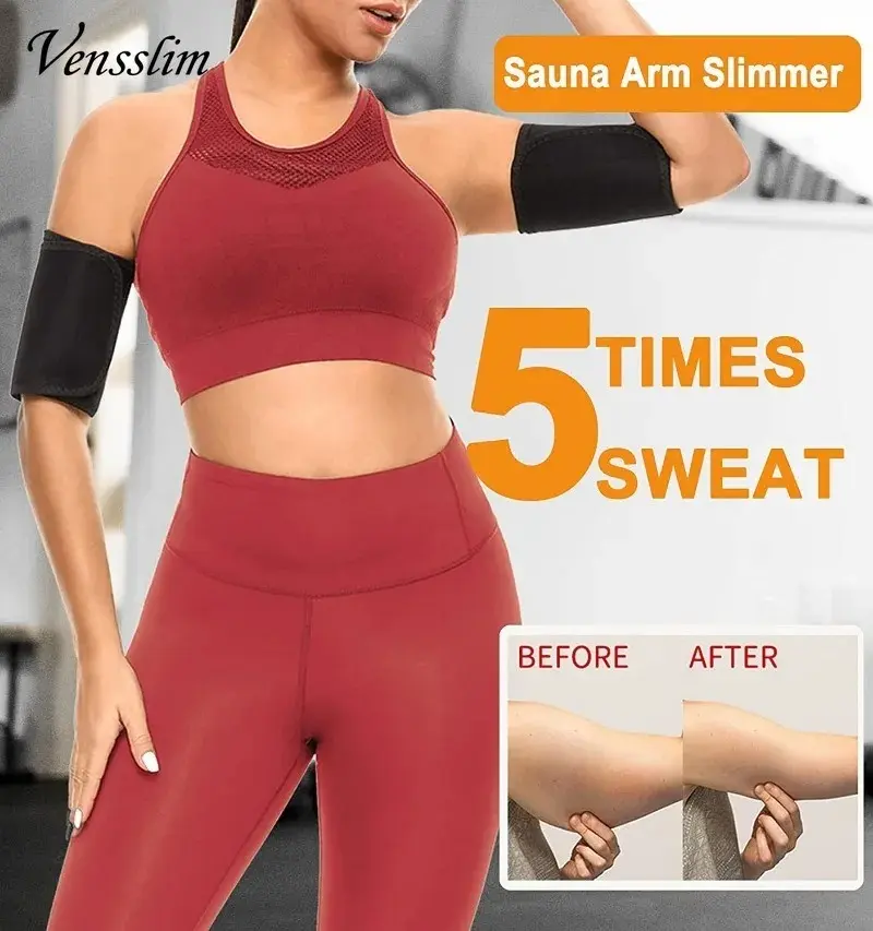 Moldeador de brazos Sauna Sweat, realza figura y reduce medidas, con antes y después.