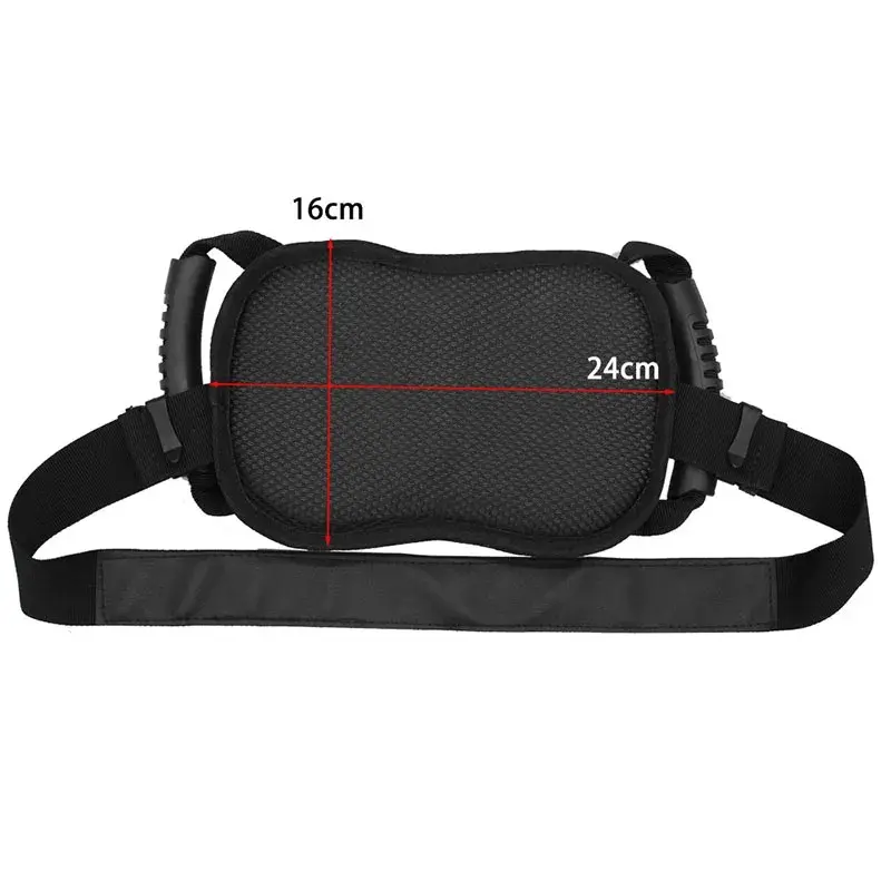 Sujetador para motocicleta con medidas 16x24cm, diseño ergonómico y correas ajustables.
