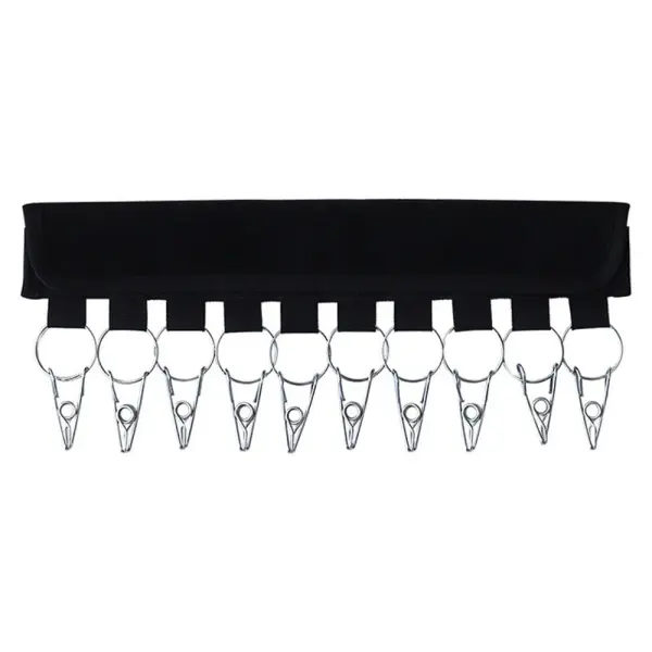 Organizador de gorras negro con 10 ganchos plateados en línea, ideal para colgar.
