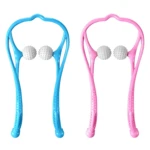 Masajeador cervical manual para cuello azul y rosa con dos rodillos para alivio del dolor.