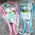 Masajeador cervical manual rosa y azul con bolas para aliviar tensión en cuello.