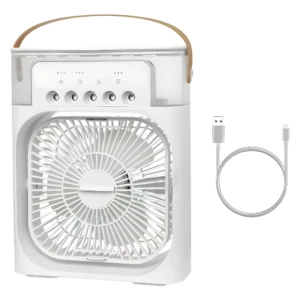 Mini aire acondicionado con ventilador enfriador blanco, portátil, con luz y cable USB.