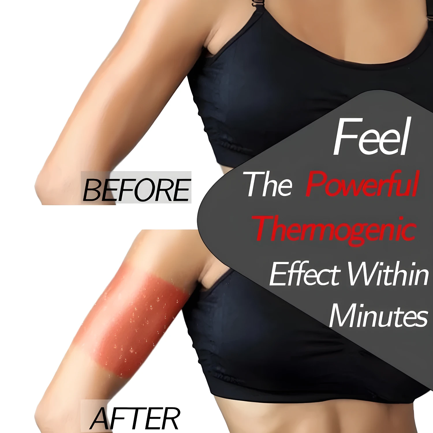 Moldeador de brazos que quema grasa, mostrando antes y después, con efecto termogénico.