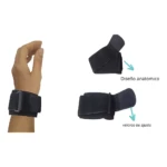 Muñequera ortopédica negra de diseño anatómico con velcros de ajuste.