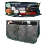 Organizador de bolso para dama gris con compartimentos, llaves y cosméticos.