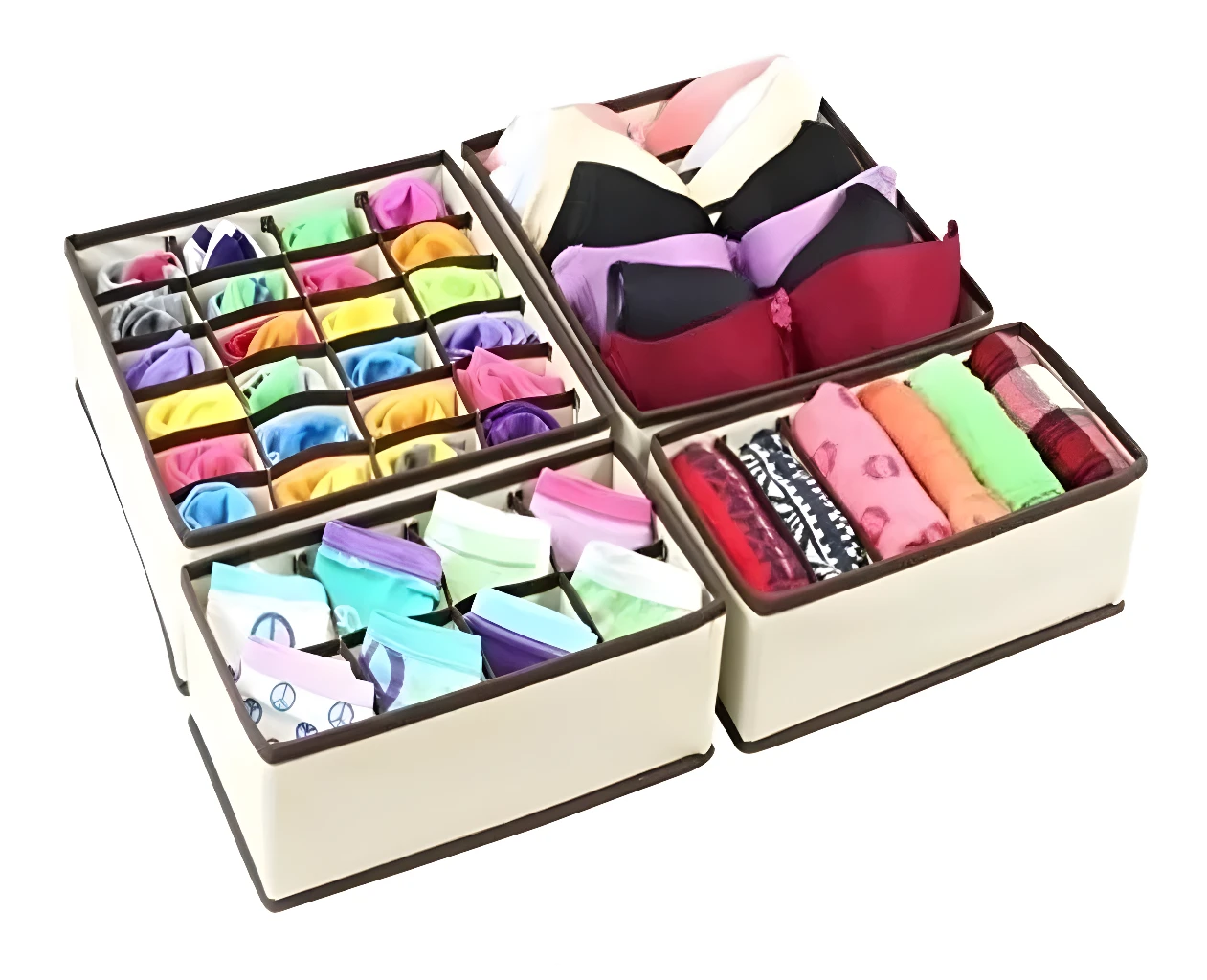 Organizador de ropa interior y medias x4 con compartimentos, ideal para lencería y calcetines.