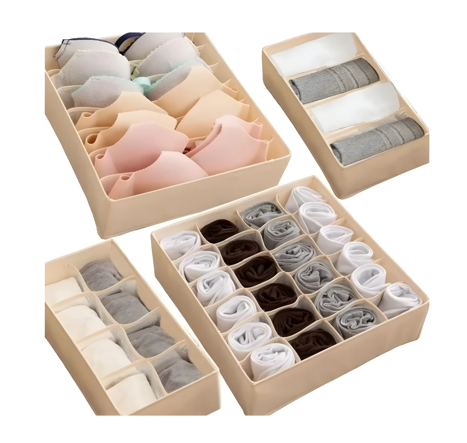 Organizadores de ropa interior y medias, juego de 4, beige, con compartimentos para lencería y calcetines.