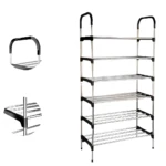 Zapatero organizador de 6 niveles metálico plateado con asas negras y estantes resistentes.