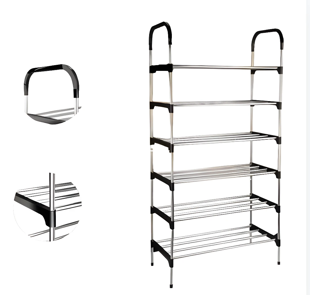 Zapatero organizador de 6 niveles metálico plateado con asas negras y estantes resistentes.