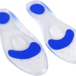 Plantillas ortopédicas de silicona ultra con soporte de arco azul y almohadilla de gel en el talón.