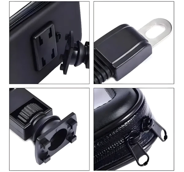Soporte impermeable para teléfono de moto con cremallera doble y base giratoria 360°.