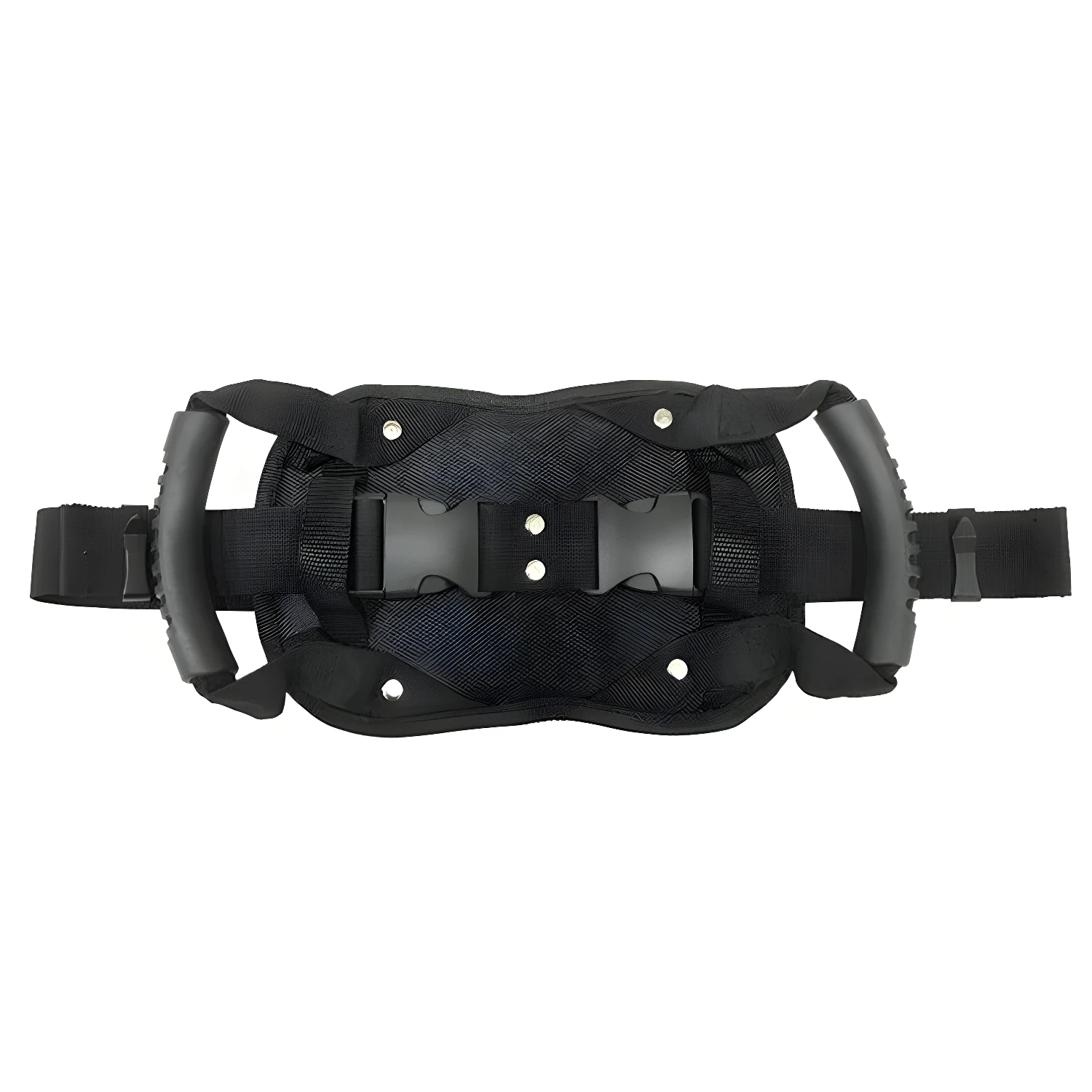 Sujetador para motocicleta con asas, correas ajustables y hebillas de seguridad.