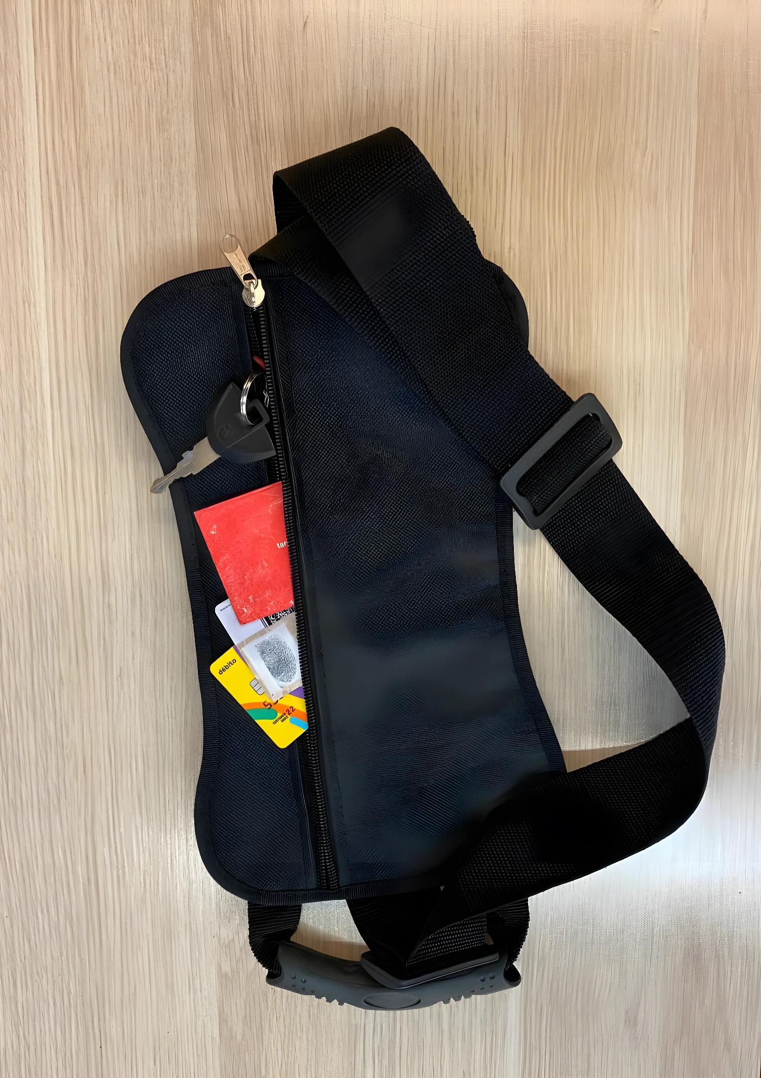 Sujetador para motocicleta negro con llaves y tarjetas visibles.