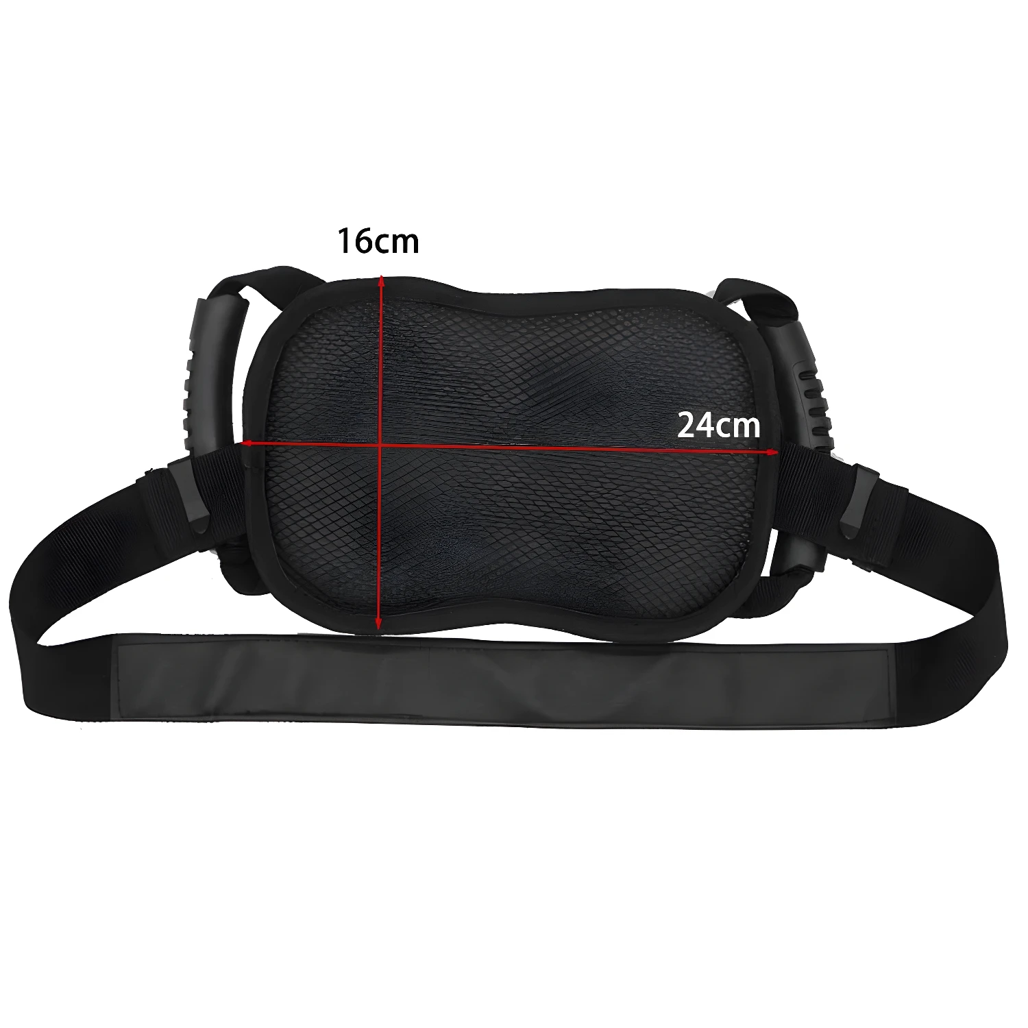 Sujetador para motocicleta con medidas 16cm x 24cm y correas ajustables.