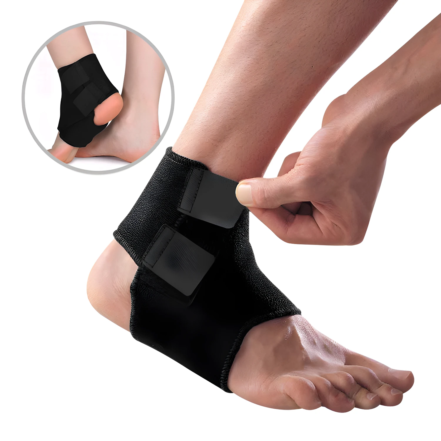 Tobillera deportiva ajustable negra con cierre de velcro, ideal para deportes.