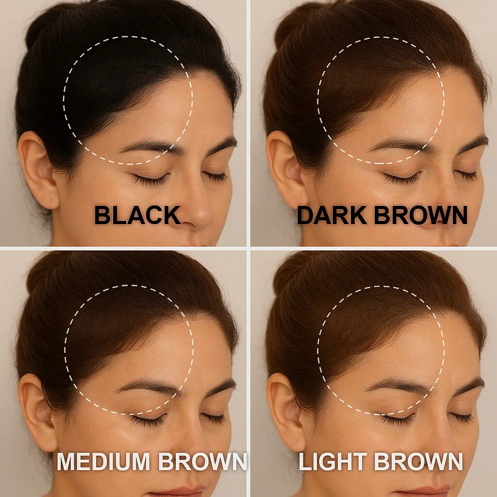 Bunee Hairline Optimizer: Muestra tonos de cabello: negro, castaño oscuro, castaño medio y castaño claro.