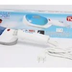 Plancha portátil de vapor Tobi para ropa, blanca y azul con cable blanco, ideal para viajes.