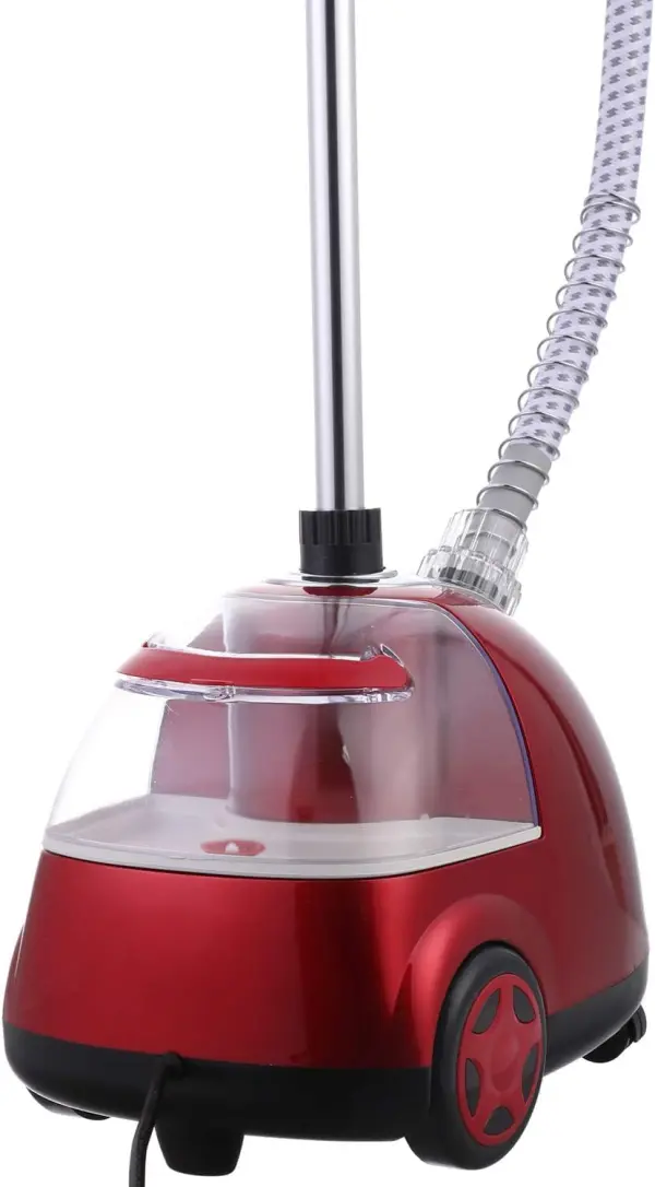 Vaporizador de ropa vertical rojo 1800W con manguera, tanque de agua transparente y ruedas.