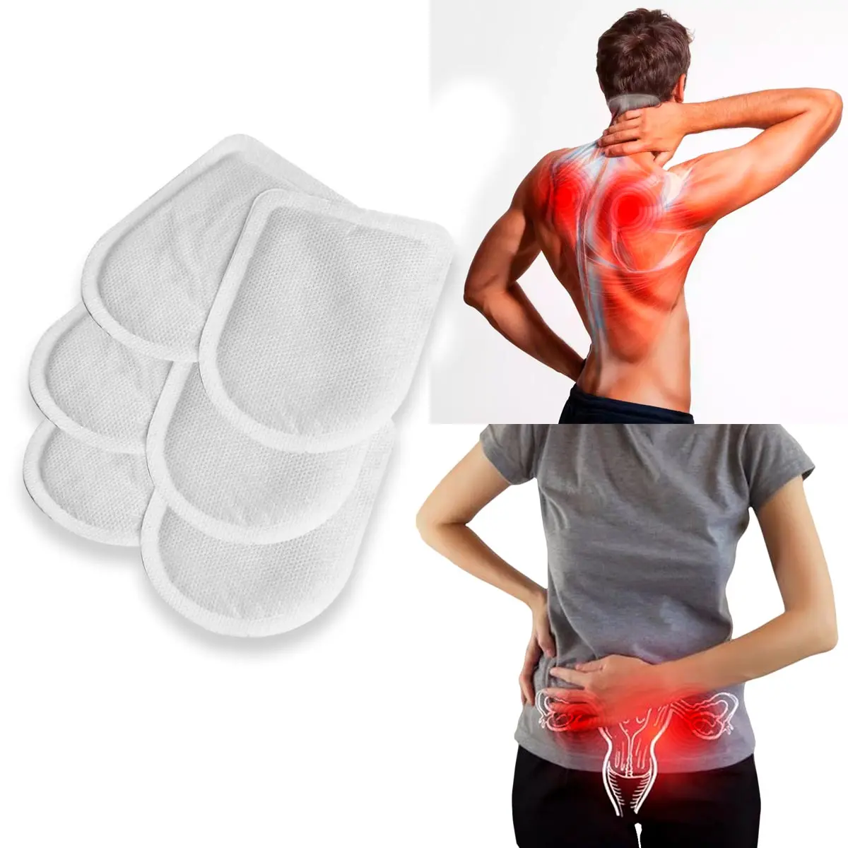 Set x12 parches calientes para alivio de dolor de espalda, cuello y abdomen.