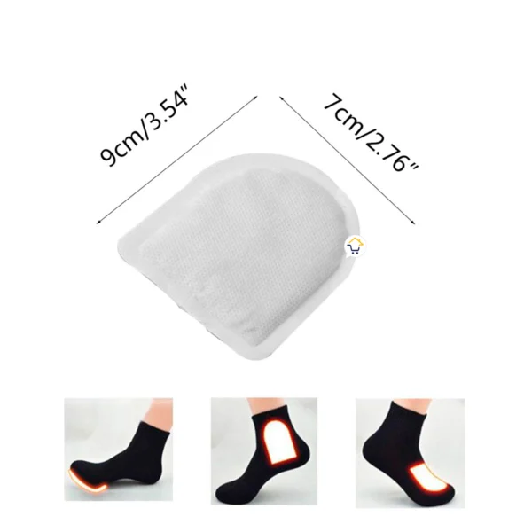 Set x12 parches calientes para pies, con medidas 9x7cm, ideales para calcetines.