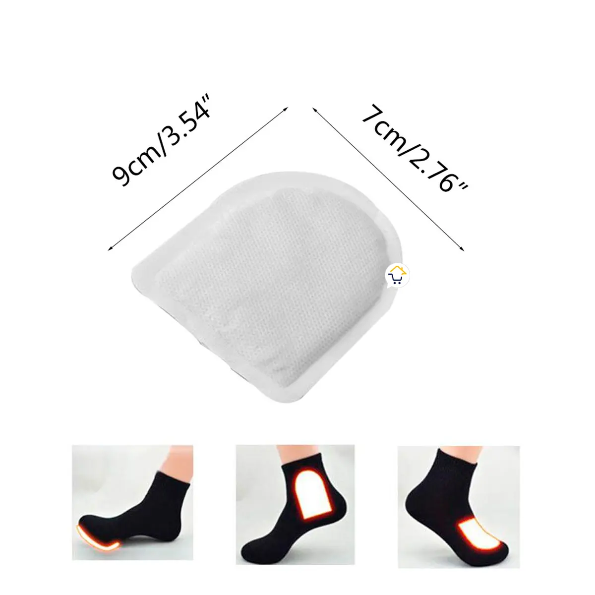 Set x12 parches calientes para pies, con medidas 9x7cm, ideales para calcetines.