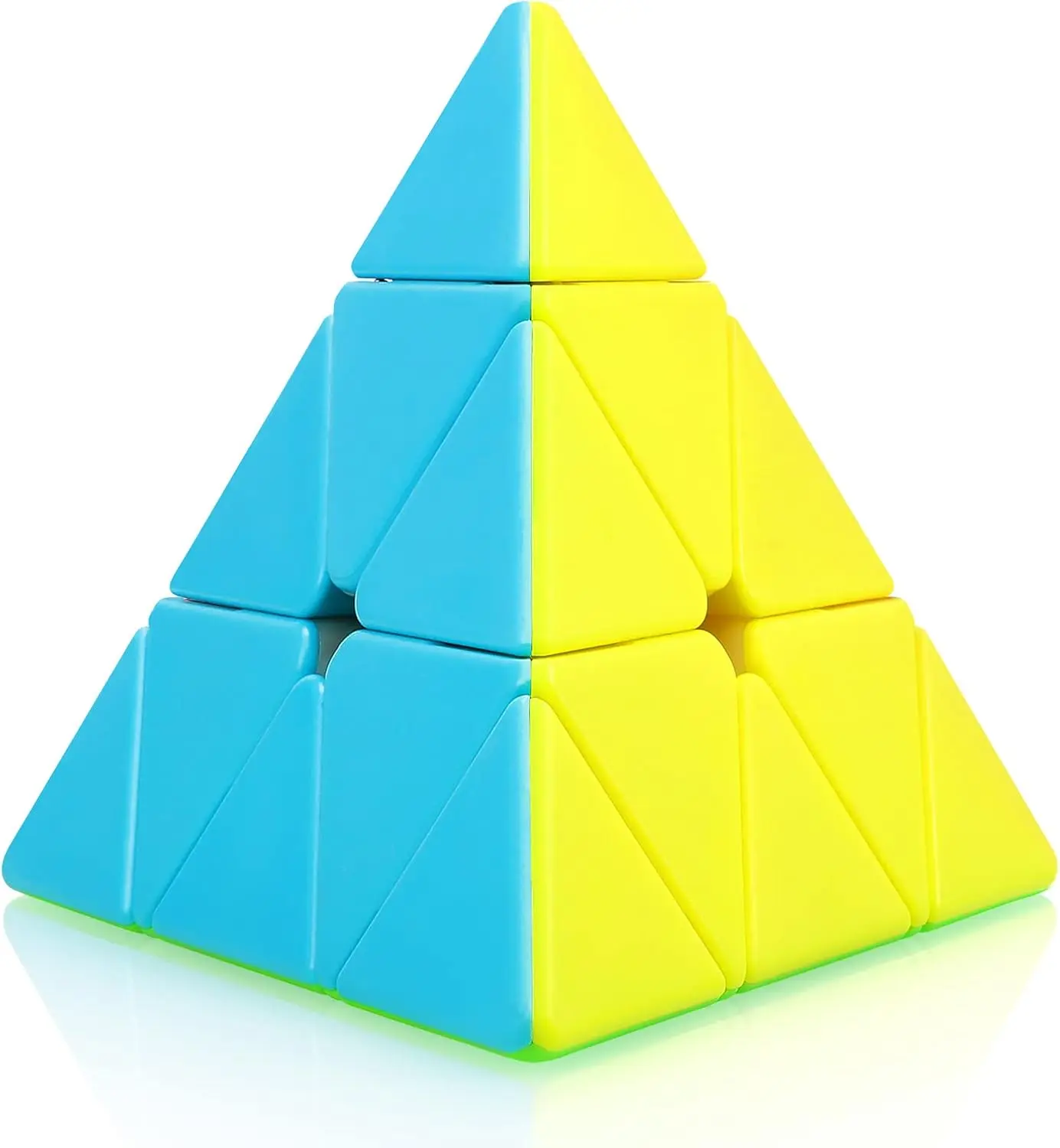Cubo Rubik Pirámide mágico de colores azul y amarillo, ideal como rompecabezas.