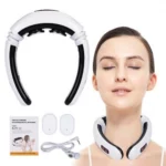 Masajeador de cuello para aliviar tensiones con almohadillas y cable de conexión.