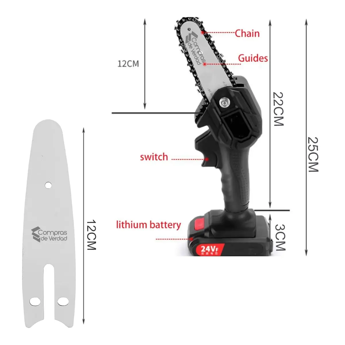 Mini motosierra portátil 24V con cadena, guías y batería, ideal para trabajos de poda.