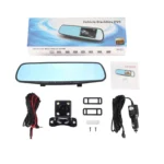 Retrovisor Espejo Doble Cámara Full HD para coche, con accesorios y manual de uso.