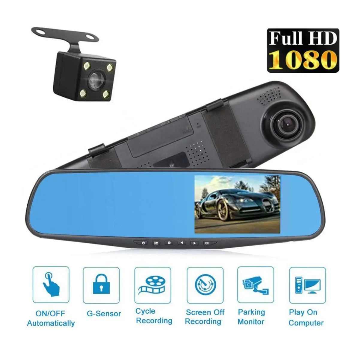 Retrovisor espejo doble cámara Full HD con cámara trasera, pantalla para auto y monitor de estacionamiento.