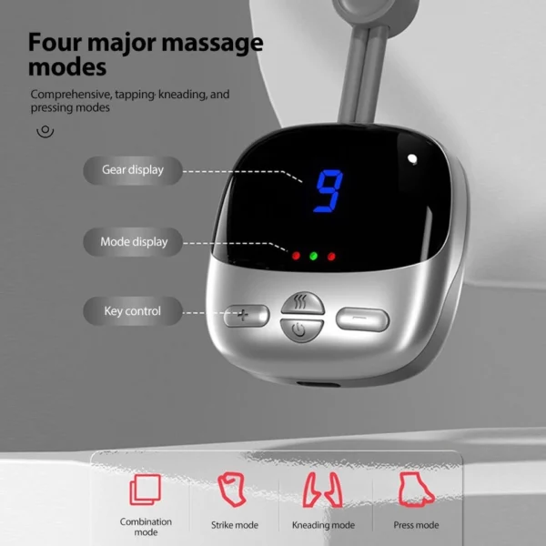 Masajeador llavero con pantalla digital, controles de modo y perillas de masaje.
