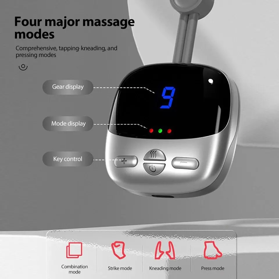 Masajeador llavero con pantalla digital, controles de modo y perillas de masaje.