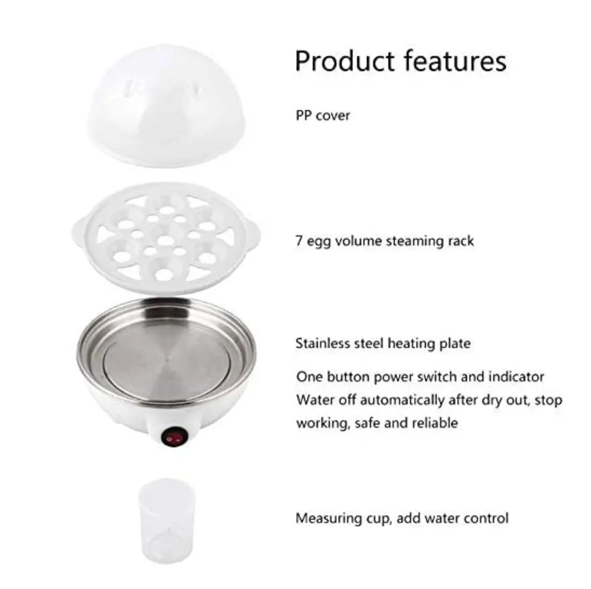 Olla eléctrica para hervir huevos con 7 espacios, tapa de PP y base de acero inoxidable.