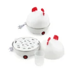 Gallina olla hervidor eléctrico blanco con capacidad para 7 huevos y accesorios.