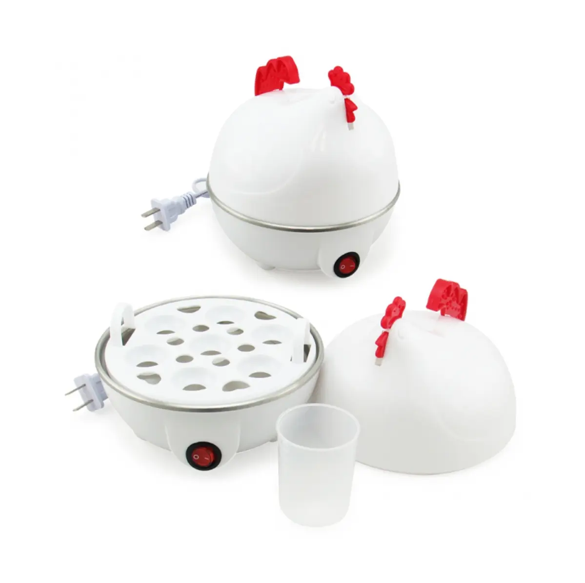 Gallina olla hervidor eléctrico blanco con capacidad para 7 huevos y accesorios.