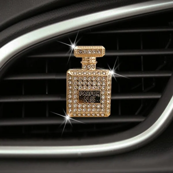Ambientador de carro diseño perfume Channel dorado con brillantes, para rejilla ventilación.