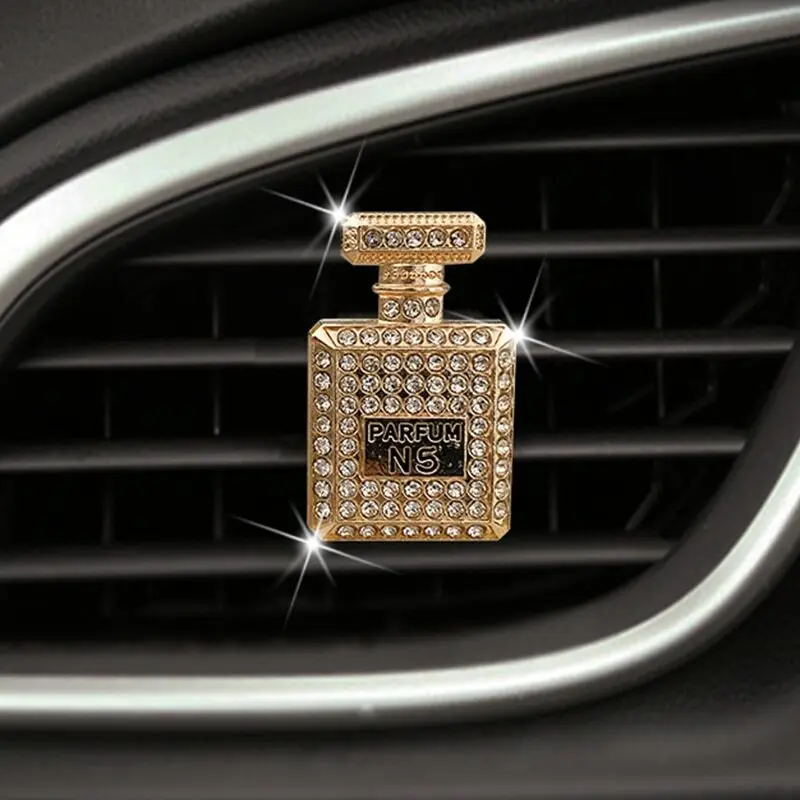 Ambientador de carro diseño perfume Channel dorado con brillantes, para rejilla ventilación.