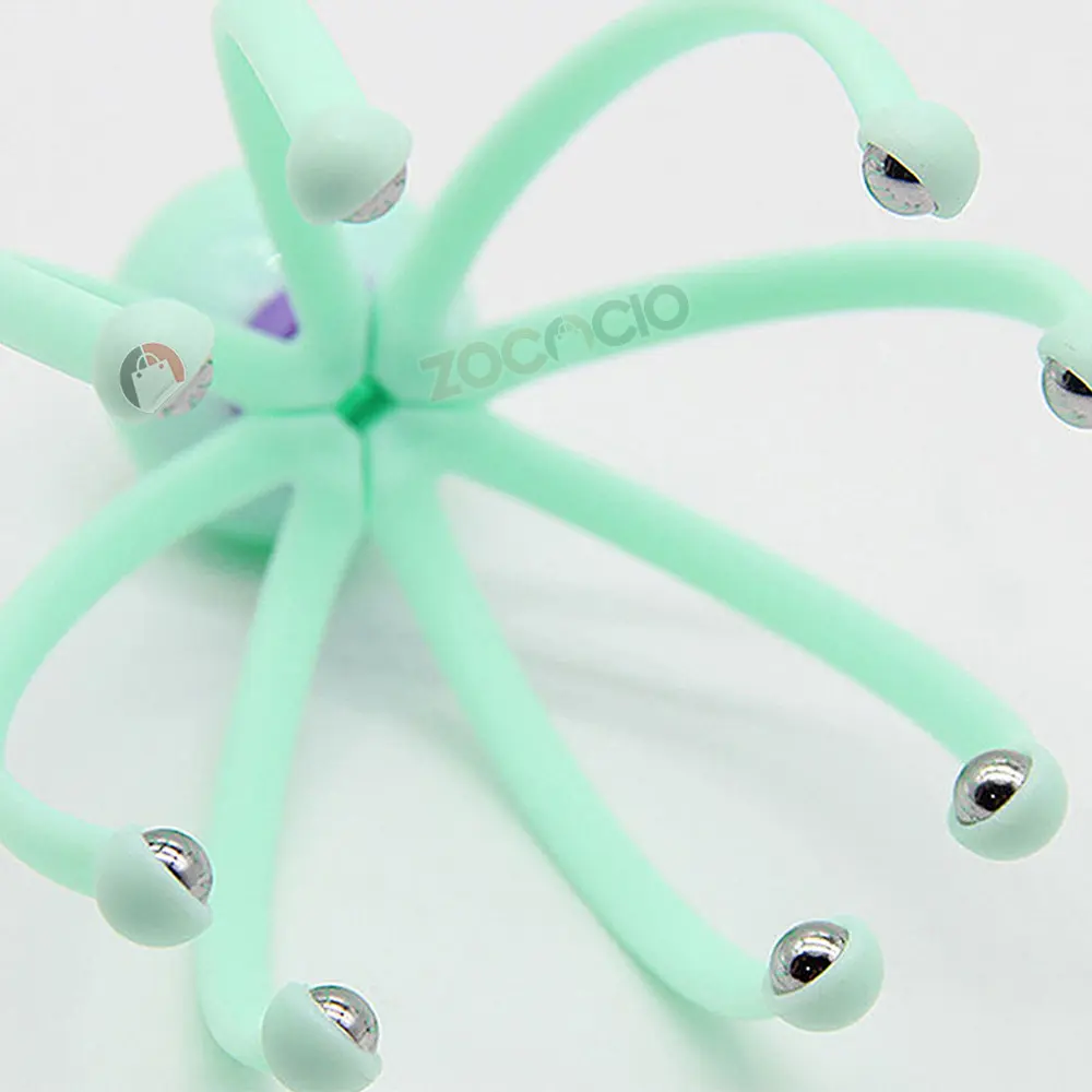 Masajeador de cabeza y cuello verde con tentáculos y esferas metálicas, ideal para alivio.