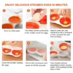 Hervidor de huevos para microondas con dos recipientes naranjas, paso a paso para cocinar huevos al vapor.
