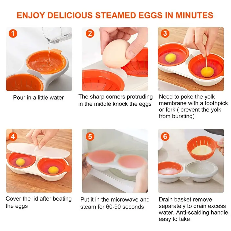 Hervidor de huevos para microondas con dos recipientes naranjas, paso a paso para cocinar huevos al vapor.