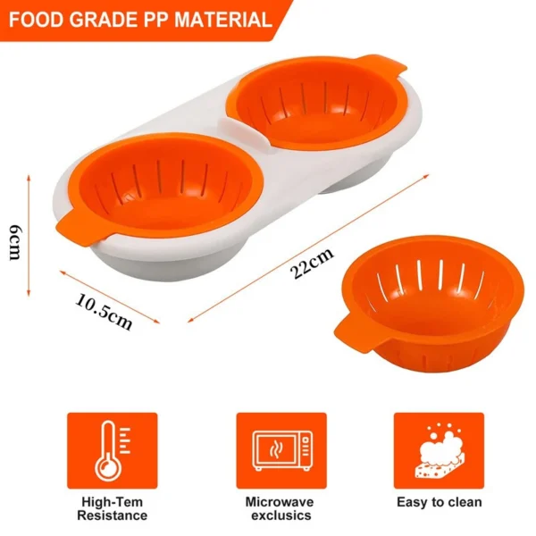 Hervidor de huevos para microondas de 2 cavidades en naranja y blanco, hecho de material PP apto para alimentos.