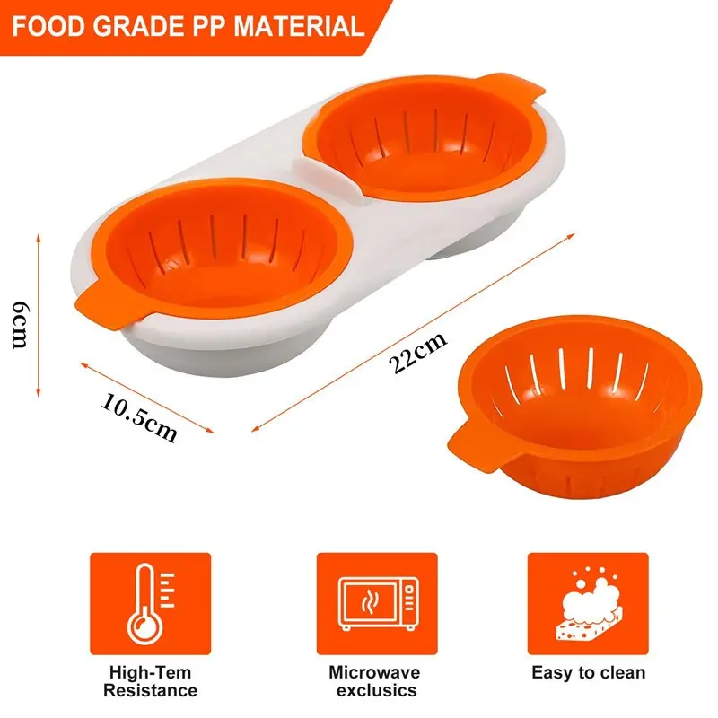 Hervidor de huevos para microondas de 2 cavidades en naranja y blanco, hecho de material PP apto para alimentos.